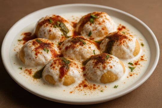 A popular South Asian snack made with fried lentil dumplings soaked in creamy yogurt, showcasing traditional flavors with a focused shot