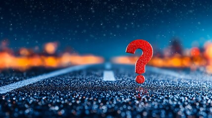 Red question mark on snowy road at night, city lights blurred background; uncertainty concept