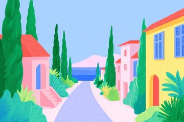Picturesque pastel village with vibrant cypress, Mediterranean dreamscape, evokes Festa della Repubblica, whimsical Tuscan escape vibes