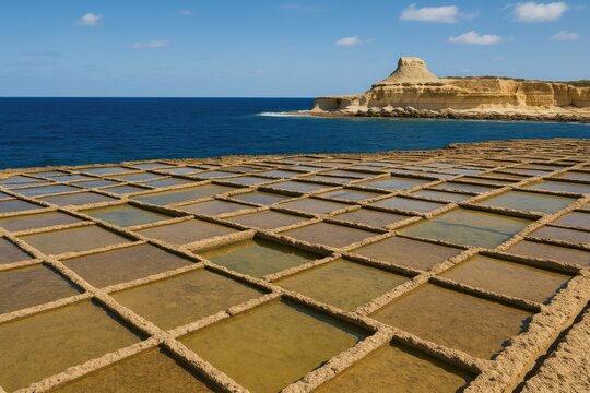 Salt flats and evaporation pools near Qbajjar on the island of Gozo