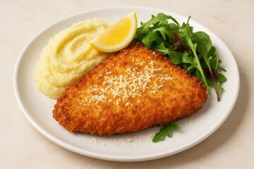 Crispy breaded cutlet topped with Parmesan cheese served with creamy mashed potatoes