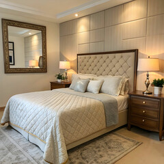 a bedroom with a bed a mirror and a lamp