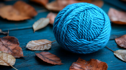 Autumnal crafting: Vivid blue yarn amidst falling leaves on a rustic blue surface