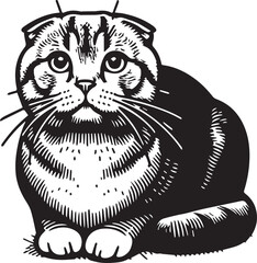 Scottish Fold Cat Vector in black and white