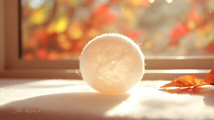 Translucent Yarn Sphere Bathed in Golden Autumnal Light with Leaf Detail