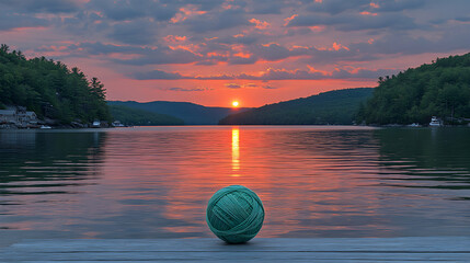 Serene lakeside knitting retreat at dawn with a ball of yarn and scenic views
