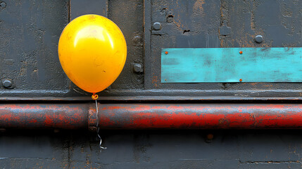 Yellow balloon against weathered industrial wall creates whimsical contrast
