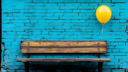 Vivid turquoise brick wall as backdrop for a rustic bench and bright yellow balloon