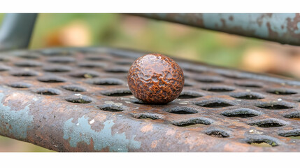 Textured sphere resting on weathered metal bench with dappled sunlight outdoors
