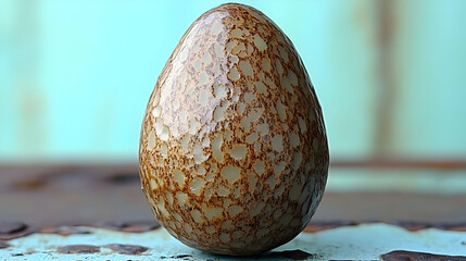 Close-up Studio Shot of Speckled Decorative Egg on a Rustic Surface with Soft Lighting