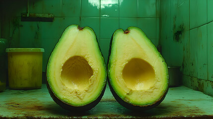 Halved avocados displaying a vibrant, surreal verdant hue in a gritty setting