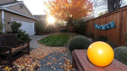 Autumnal serenity: Backyard vista with vibrant tree, lawn, and playful yellow ball