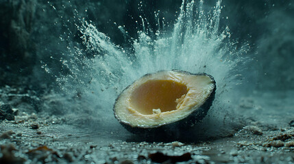 High-speed splash: Half avocado impacting liquid and surface in slow motion
