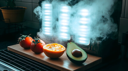 Fresh fruits illuminated in a dramatic presentation on a cutting board