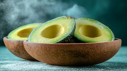 Fresh avocado halves presented inside natural wooden bowls, healthy food concept