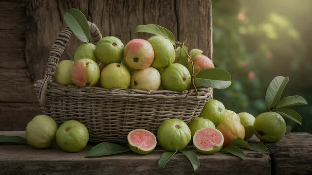 Fresh guavas in rustic basket still life photography of healthy fruit
