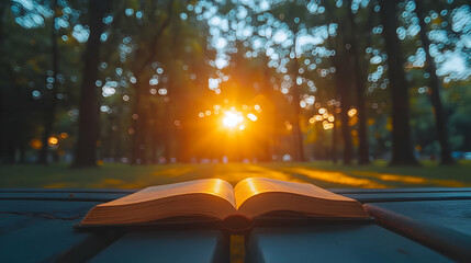 An open book rests on a table under a sunlit forest canopy creating a tranquil escape