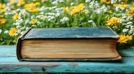 Antique book resting on an aqua bench with yellow and white wildflowers backdrop