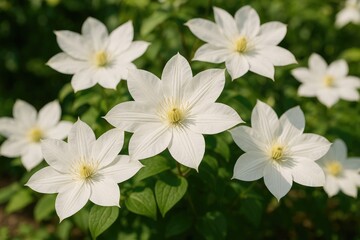 Fototapeta premium Almost white Clematis patens flowers flourishing in a lush garden