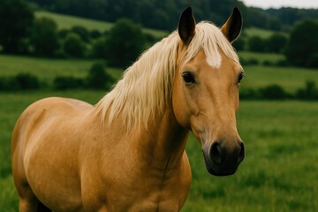 Obraz premium Close-up of a light-colored blonde horse in a rural landscape