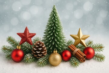 Festive holiday ornaments set against a seasonal backdrop for the New Year celebration