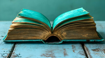 An old open book on a vintage blue table, displaying aged pages and texture