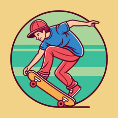 Young Person Performing a Skilled Skateboarding Trick in a Circular Frame with Green Stripes