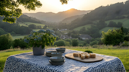 Scenic outdoor meal setting overlooking misty mountains at golden sunset hour