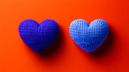 Obraz premium Two knitted hearts on red background, Valentine's Day
