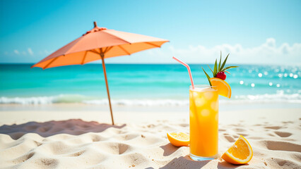 Obraz premium To the left of the glass is an umbrella, and in the background is a beautiful view of the water and sky.