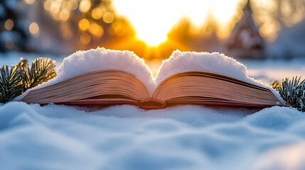 Snow-covered book basking in the soft glow of a winter's sunrise outdoor