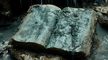 Submerged Knowledge: An Ancient Tome Eroding in a Mystical Aquatic Environment