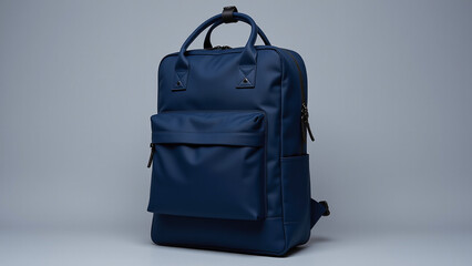 navy blue backpack on a grey background. It is a stylish and practical bag, perfect for carrying all your essential