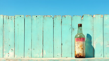 Nostalgic Still Life: Aged Bottle against Turquoise Weathered Wooden Fence