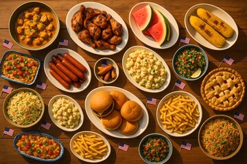 American Multicultural Feast Table with Traditional and Ethnic Dishes at Sunset