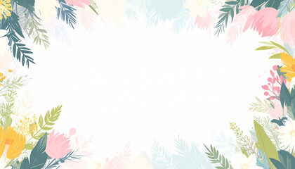 Fototapeta premium Luxurious wallpaper. Banner with flowers. Watercolor pink, blue, lilac spots on a white background. Shiny flowers and twigs. Copy space for text