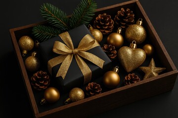 Naklejka premium Festive present and ornament stored in a wooden container