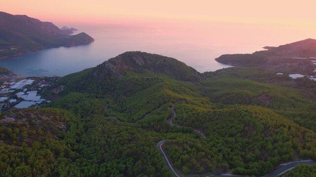Concept beautiful summer landscape at sunset from drone. Gelidonya Lycian Way in Antalya, Turkey Aerial top view