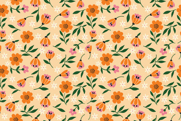 Bright floral pattern with orange, pink, and white flowers on a peach background. A cheerful, seamless design perfect for spring and summer-inspired projects.