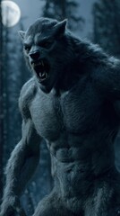 Fierce werewolf in a dark forest under moonlight.