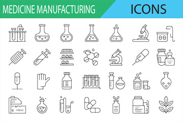 Medical Equipment and Medicine Manufacturing Icons for Industry Use
