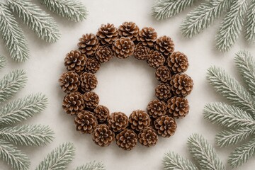 Obraz premium Festive holiday scene with snow-covered evergreen branches and pine cone decoration on a bright backdrop. Seasonal greeting card from a top-down perspective.