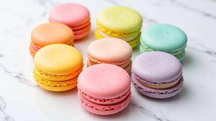 bunch of colorful macarons sitting on top of a white marble counter, creating a vibrant and eye-catching display.