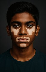 South Indian Teenage Boy with Symmetrical Vitiligo Patches on Face, Studio Portrait, Dark Skin, Charcoal Background