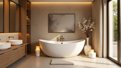 bathroom with two sinks, a large bathtub, a mat on the floor, candles, a flower vase, a frame on the wall, a mirror, and a glass door with curtains.