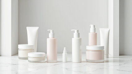 group of white cosmetic bottles and jars on a marble counter, with a wall in the backgroun