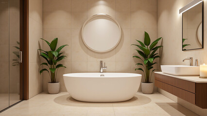 Fototapeta premium bathroom with a large white bathtub, two sinks with taps, two mirrors on the wall, two potted plants, a candle with a candle stand, and a glass door on the left side.