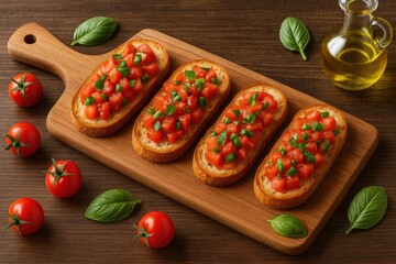 Appetizer of toasted bread slices on a rustic wooden surface