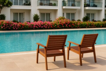 Obraz premium Wooden lounge chairs placed next to a swimming pool