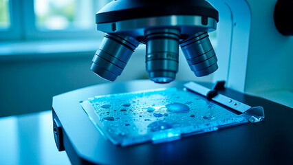 microscope sitting on top of a table with water droplets on it, illuminated by a blue light